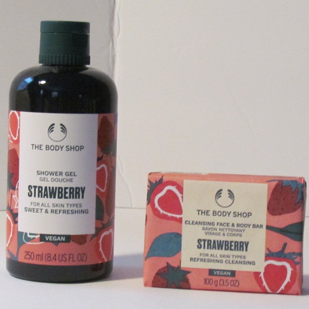 The Body Shop Vegan Strawberry Shower Gel and Cleansing Face & Body Bar - NEW